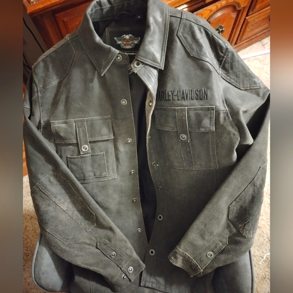 Harley Davidson Mens Grey Distressed Leather Shirt Jacket - Excellent Pre-Owned